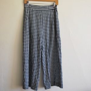 ZARA : Navy Gingham Check Wide Pleat Pants : S